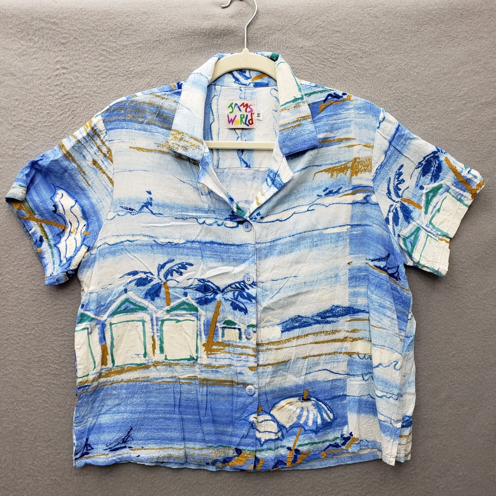Vintage Jams World Hawaiian Shirt Blue Coastal Seascape Beach Vacation Ocean M